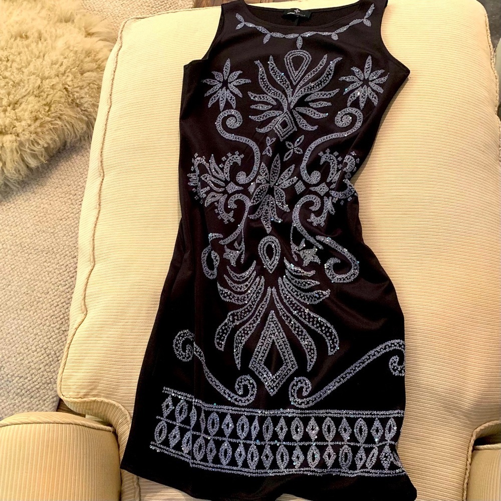 Black with Art Deco silver motif sexy and stretchy Party tank dress